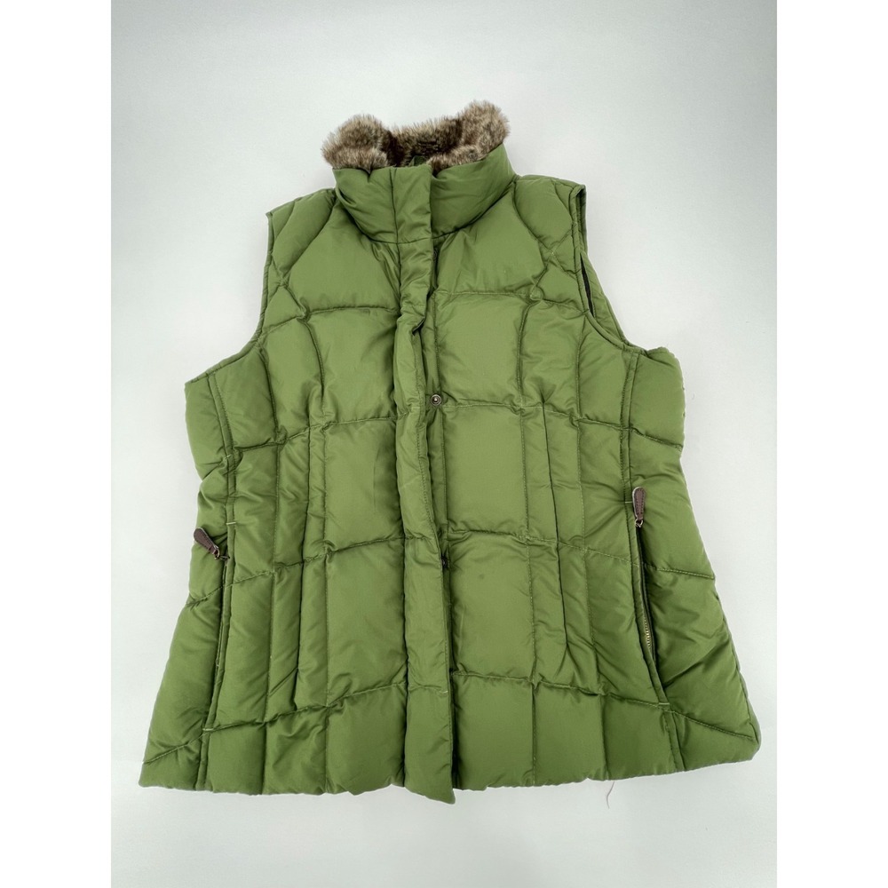 Eddie Bauer Jacket Womens Medium Green Quilted Goose Down Outdoor Faux Fur Trim